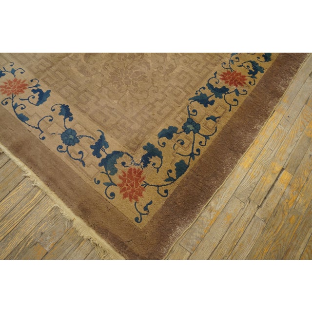 Textile 1920s Beige Floral Greek Key Antique Chinese Art Deco Rug 9' 0'' X11' 8'' Knotted Wool Carpet For Sale - Image 7 of 9