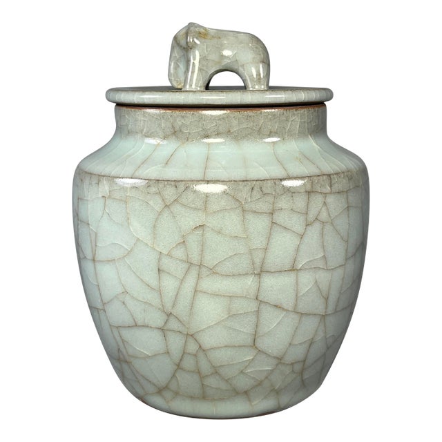 Vintage Chinese Longquan Celadon Crackle‑Glaze Lidded Jar With Animal‑Shaped Finial For Sale