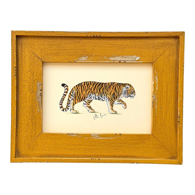 Original Hand-Painted Folk Art Painting of a Tiger, Framed For Sale