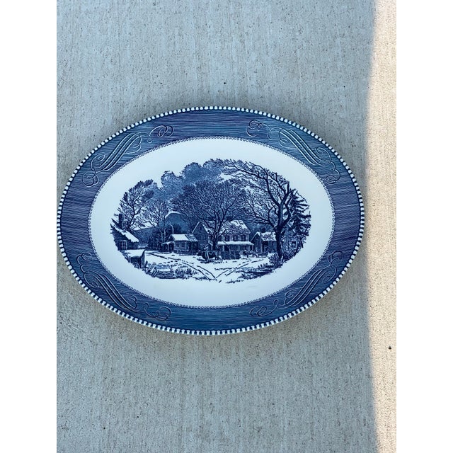 American Vintage Royal China Usa Currier & Ives Blue Old Inn Winter Serving Platter For Sale - Image 3 of 10