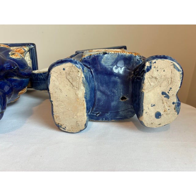 Blue Pair of Vintage Chinoiserie Asian Glazed Ceramic Elephant Plant Stands For Sale - Image 8 of 9