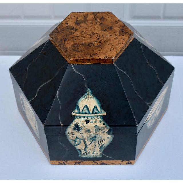 Black Vtg. Hexagonal Shaped Box With Asian Style Vessels For Sale - Image 8 of 15