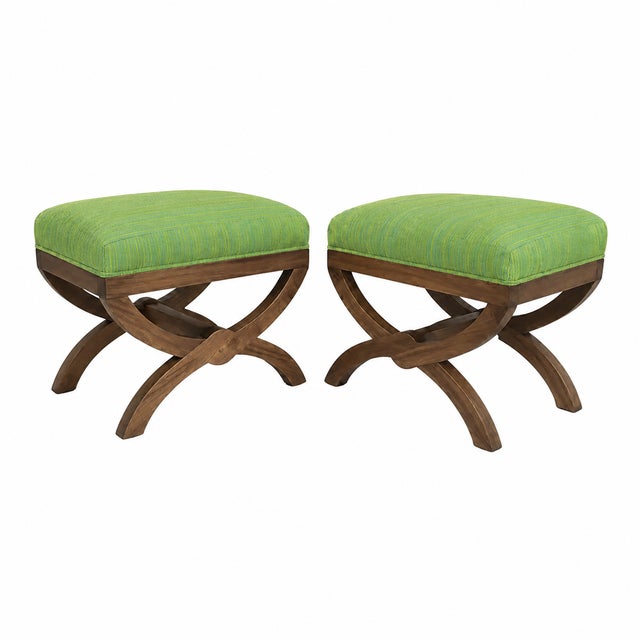 Modern pair of ottomans. The set is done in a modern seafoam green. The finish is walnut. The frames are made of alder.....