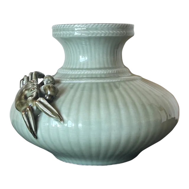 Antique Japanese Ribbed Porcelain Vase in Celadon Glaze With Braided Detail and Crab Fishne For Sale