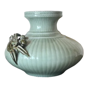 Antique Japanese Ribbed Porcelain Vase in Celadon Glaze With Braided Detail and Crab Fishne