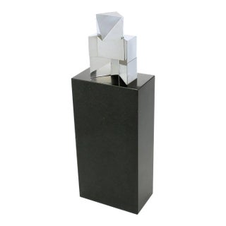 Chrome Cubist Sculpture on Black Granite Pedestal For Sale