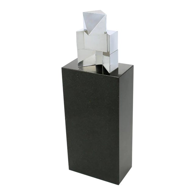 Chrome Cubist Sculpture on Black Granite Pedestal For Sale