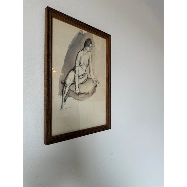 A vintage original modernist sitting nude woman pen & ink drawing by Marcel Julien Baron (France, 1872-1956) Signed in the...