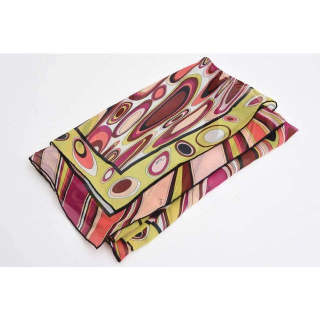 Vintage Emilio Pucci Oblong Silk Scarf Magenta, Pink, Chartreuse, Brown, Black, Coral, 1970's For Sale - Image 9 of 9