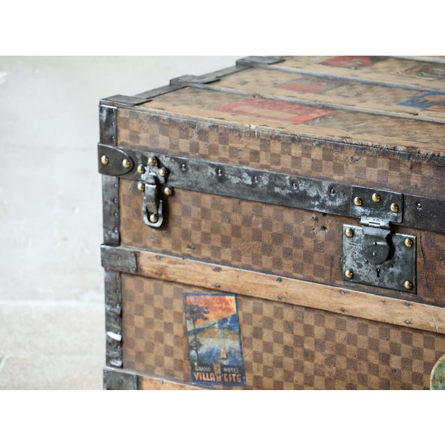 Louis Vuitton Antique Damier Steamer Trunk with Hotel Labels and Initials from Louis Vuitton, 1890s For Sale - Image 4 of 15