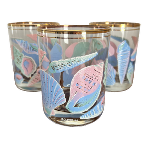 Vintage 1980s Culver Usa Pink Blue Seashell Gold Rim Highball Glasses - Set of 3