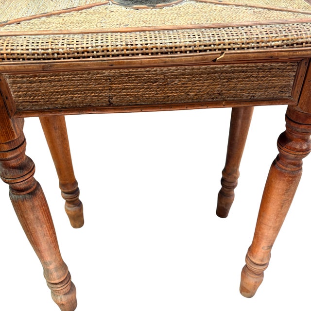 Mid 20th Century Vintage Rattan and Wood Side Table With Decorative Brass Medallion For Sale - Image 5 of 9