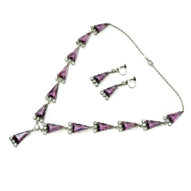 Metal Art Deco Silver, Purple Triangular Glass and Paste Necklace and Earrings, 1920s, Set of 2 For Sale - Image 7 of 17