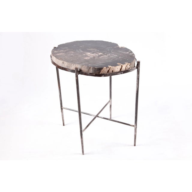 2020s Living Edge Petrified Wood Top W Iron Stand Accent Table or Side Table 48 For Sale - Image 5 of 5