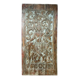 Radha Krishna Carved Wood Wall Art Blue Vintage Barn Door Wall Panel 84x41 For Sale