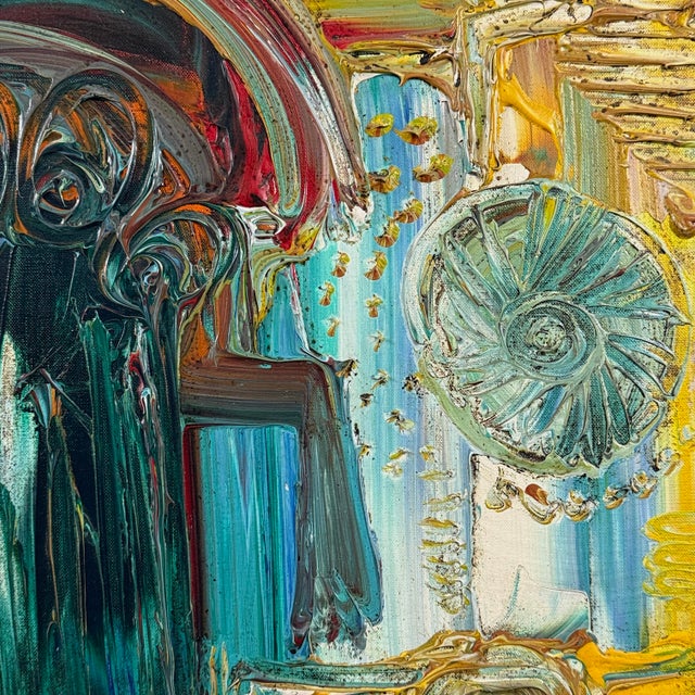 Yellow Vintage Abstract Expressionist Architectural Painting, Acrylic on Canvas For Sale - Image 8 of 9