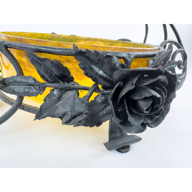 Signed Degué Art Deco Marbled Glass Centerpiece Bowl in Wrought Iron Mount, France 1930s For Sale - Image 12 of 18