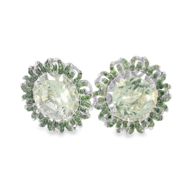 Stunning 14K White Gold Green Amethyst and Diamond Earrings featuring 12 mm round green amethysts surrounded by brilliant...