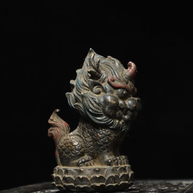 Vintage Gilt Bronze Qilin Sculpture Mythical Beast Figure on Lotus Base For Sale In Los Angeles - Image 6 of 9