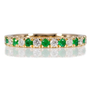 Diamond & Emerald Band Ring in Solid 14k Gold | Elegant Gemstone Wedding Band, Size 6.75 For Sale