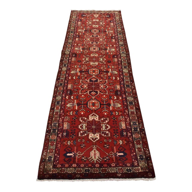 Karajeh Runner 3’7” X 10’3” Red Wool Vintage Tribal Hand-Knotted Oriental Rug For Sale