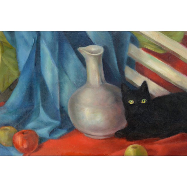 Mid Century Still Life Painting of Black Cat and Vase, Signed, 1940s Charming mid century still life of fruit, vase and...