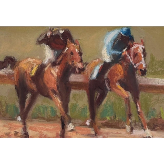 Photo Finish by Ginger Lecher | Pastel of two racehorses competing on a track For Sale