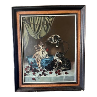 L. Chaffee Original Victorian Era Antique Oil Painting Three Adorable Kittens Cats Playing Dated 1905 For Sale