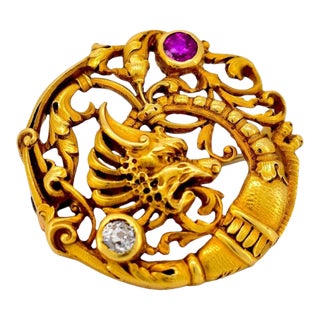 Antique Art Nouveau 18k Gold Chimera Brooch, Ruby & Diamond - Andre Kauffer For Sale