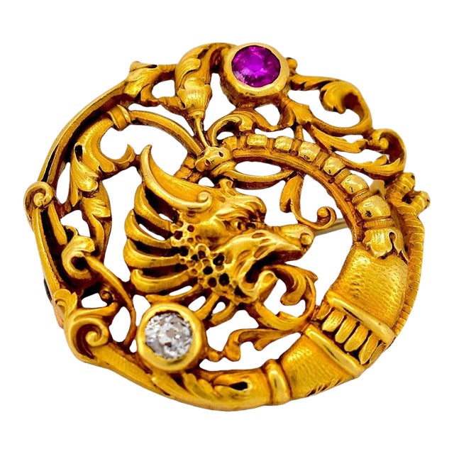 Antique Art Nouveau 18k Gold Chimera Brooch, Ruby & Diamond - Andre Kauffer For Sale