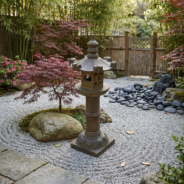 Oriental Zen Gray Stone Hexagon Tower Garden Lantern Statue For Sale In San Francisco - Image 6 of 7