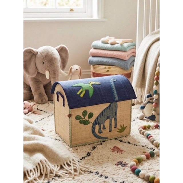 Whimsical Hand-Woven Raffia Dinosaur Toy Trunk For Sale - Image 11 of 12