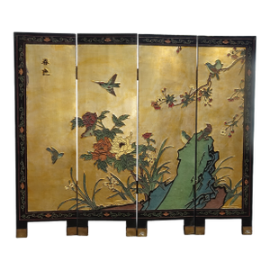 Vintage Chinese Coromandel Picture Wall Decor Gold Leaf Four Panel Screen Signed