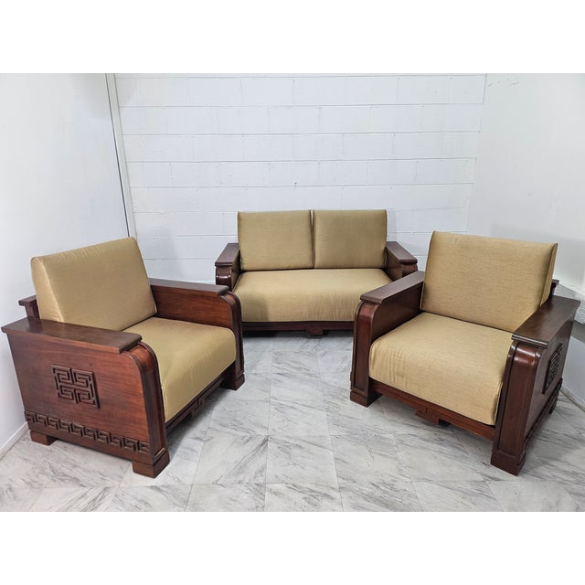 Really well made sofa set made out of solid mahogany ( not veneer) It was custom built in the 80's Following the style of...