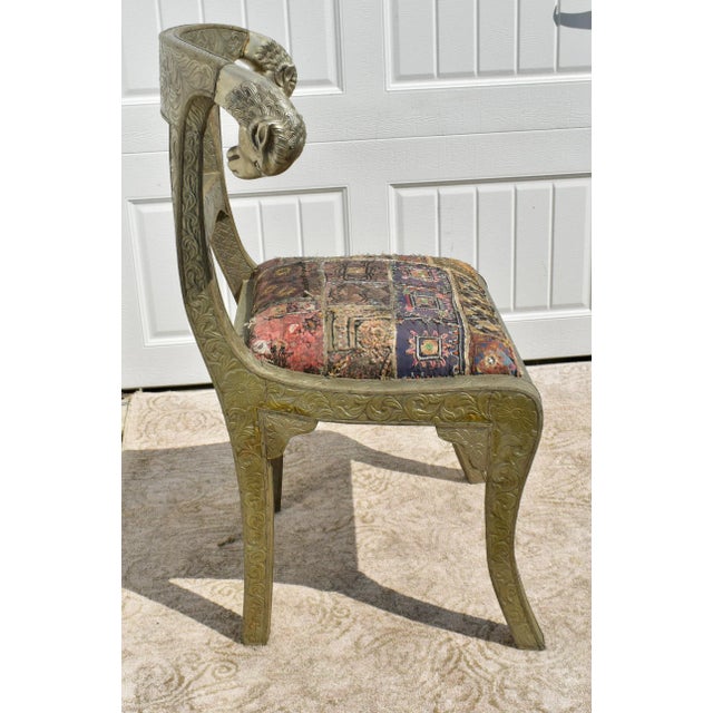 Metal Clad Rams Head Side Chair Anglo Indian Regency Repousse Vintage For Sale In Philadelphia - Image 6 of 12