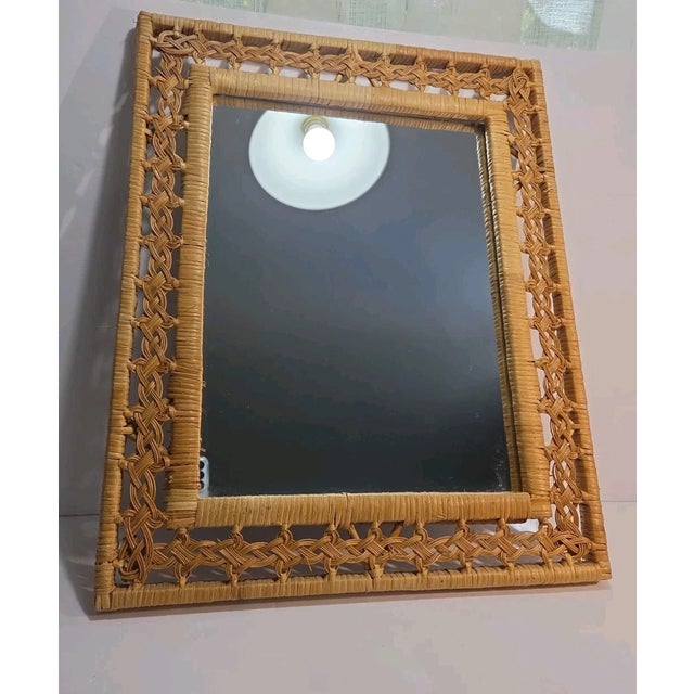 1990s Vintage MCM Rattan Wicker Coastal Boho Wall Mirror 21x17 For Sale - Image 5 of 5