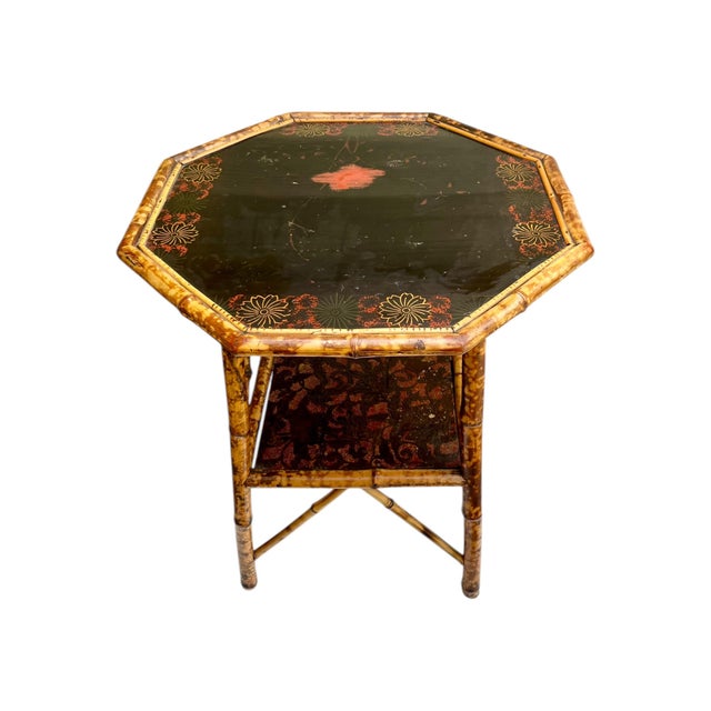 Antique Scorched Bamboo Chinoiserie Side Table With Hand-Painted Lacquer Top, Early 20th Century For Sale - Image 6 of 18