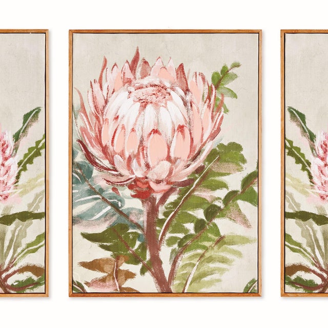 This natureinspired triptych features vibrant, multicolor compositions of the queen protea plant finished off with walnut...