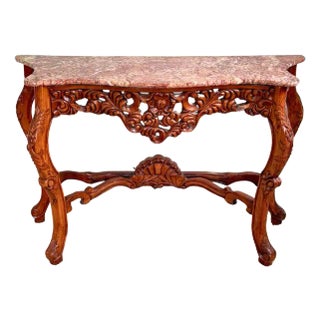 Late 20th Century, Carved Wood & Marble Console Table, Rococo Style For Sale