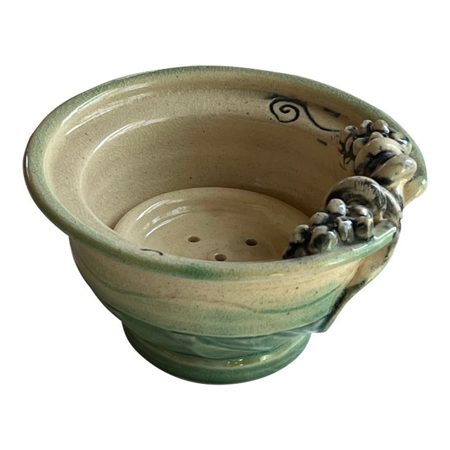 Handmade Green and Ivory Pottery Bowl For Sale