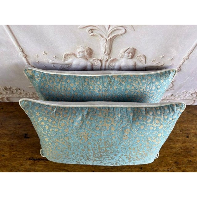 Textile Pair of Venetian Aqua and Gold Fortuny Textile Lumbar Pillows For Sale - Image 7 of 8