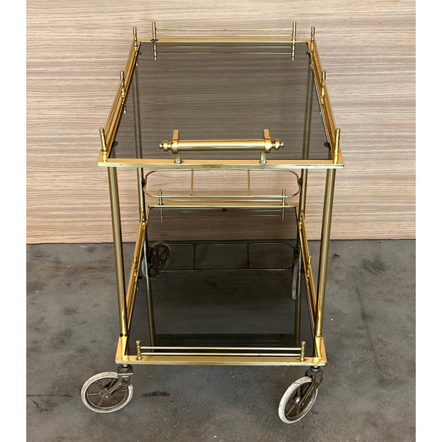 Mid 20th Century Art Deco Brass Dry Bar Cart with Smoked Two Tier Glass For Sale - Image 11 of 18
