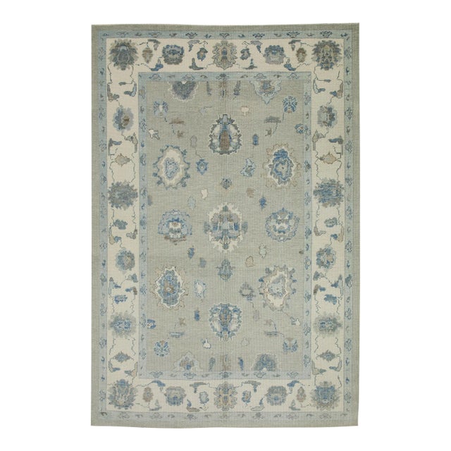 Early 21st Century Green & Blue Floral Design Handwoven Wool Turkish Oushak Rug 6'1" X 8'6" For Sale