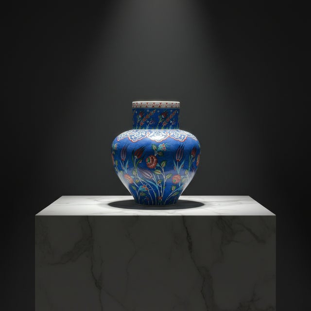 Blue Handmade Ceramic Large Iznik Vase (Monumental Size) Cobalt Blue Background Floral For Sale - Image 8 of 8