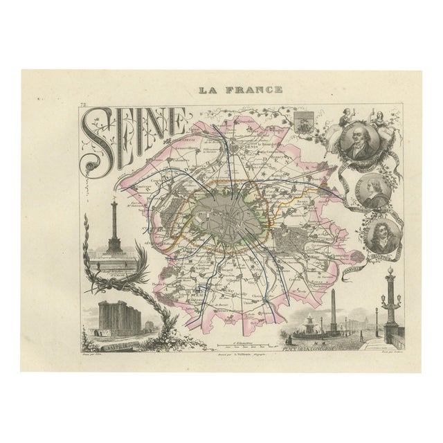 Antique Map of the Seine with Paris and Its Suburbs, 1860 For Sale