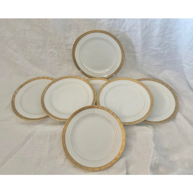 Vintage set of 7 C. Ahrenfeldt Limoges salad plates with a 24kt gold honeycomb boarder and a inner ring. Perfect to mix...