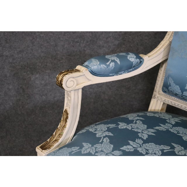 French Carved Painted and Gilded Armchairs Blue Silk - A Pair For Sale - Image 4 of 12