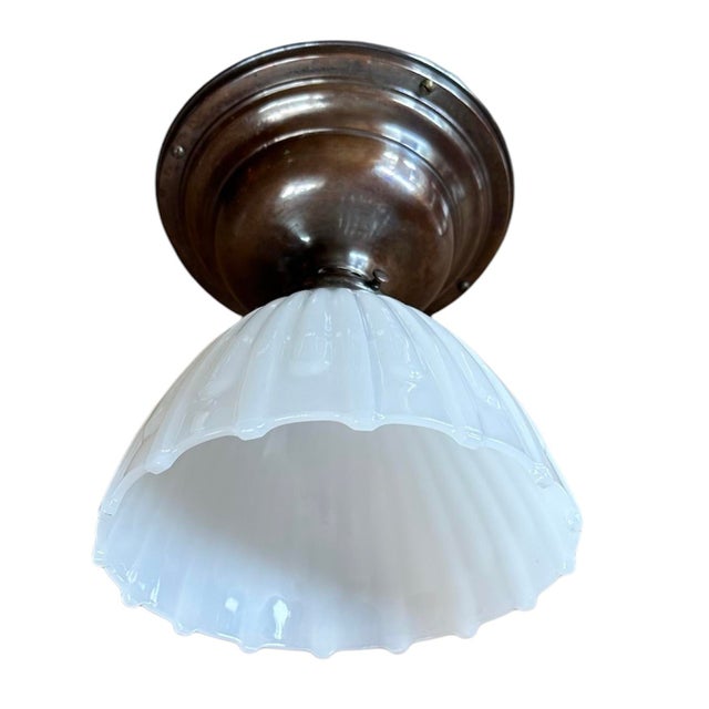 1920s Clam Broth Shade on Original Brass Patina Flush Mount Holder, Circa 1920 For Sale - Image 5 of 6