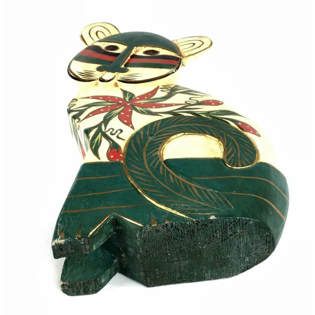 1960s Vintage Carved & Painted Micronesian Sitting Cat Figurine For Sale - Image 10 of 11