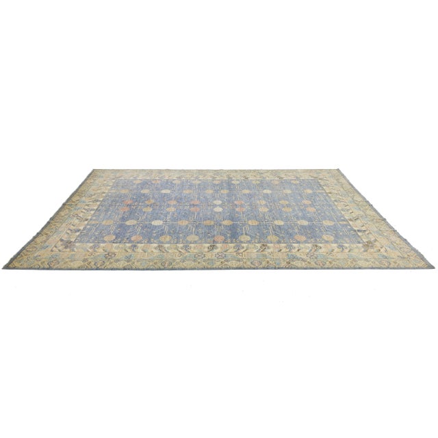 13 X 19 Blue Modern Khotan Style Handmade Wool Rug With Allover Pattern For Sale - Image 9 of 10